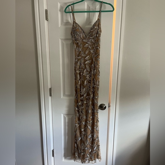 Sherri Hill Brown and Cream Maxi Gown Sleeveless Plunge - Picture 3 of 7